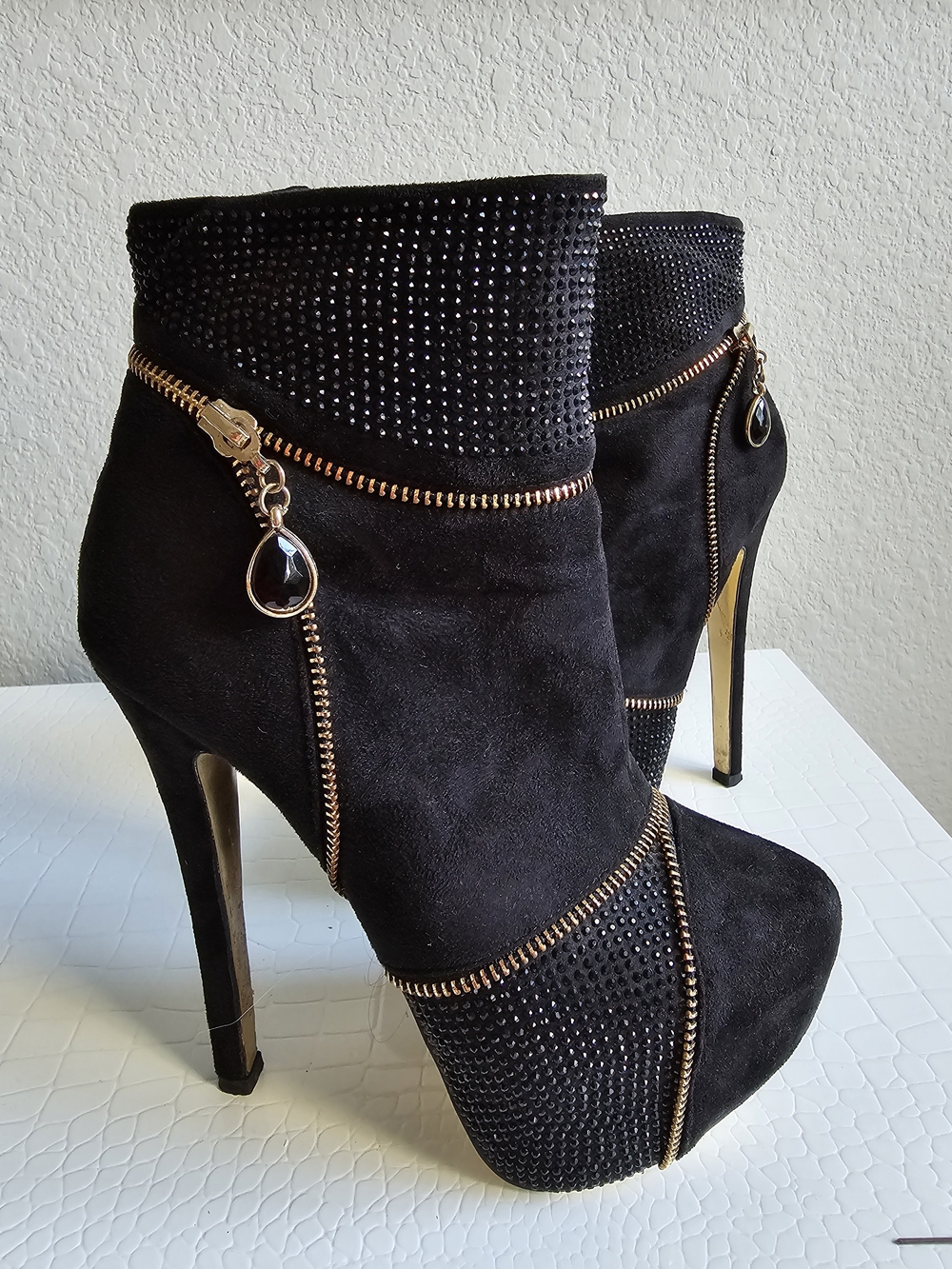 Black stiletto ankle boots with platform and rhinestones by bebé - Size 7